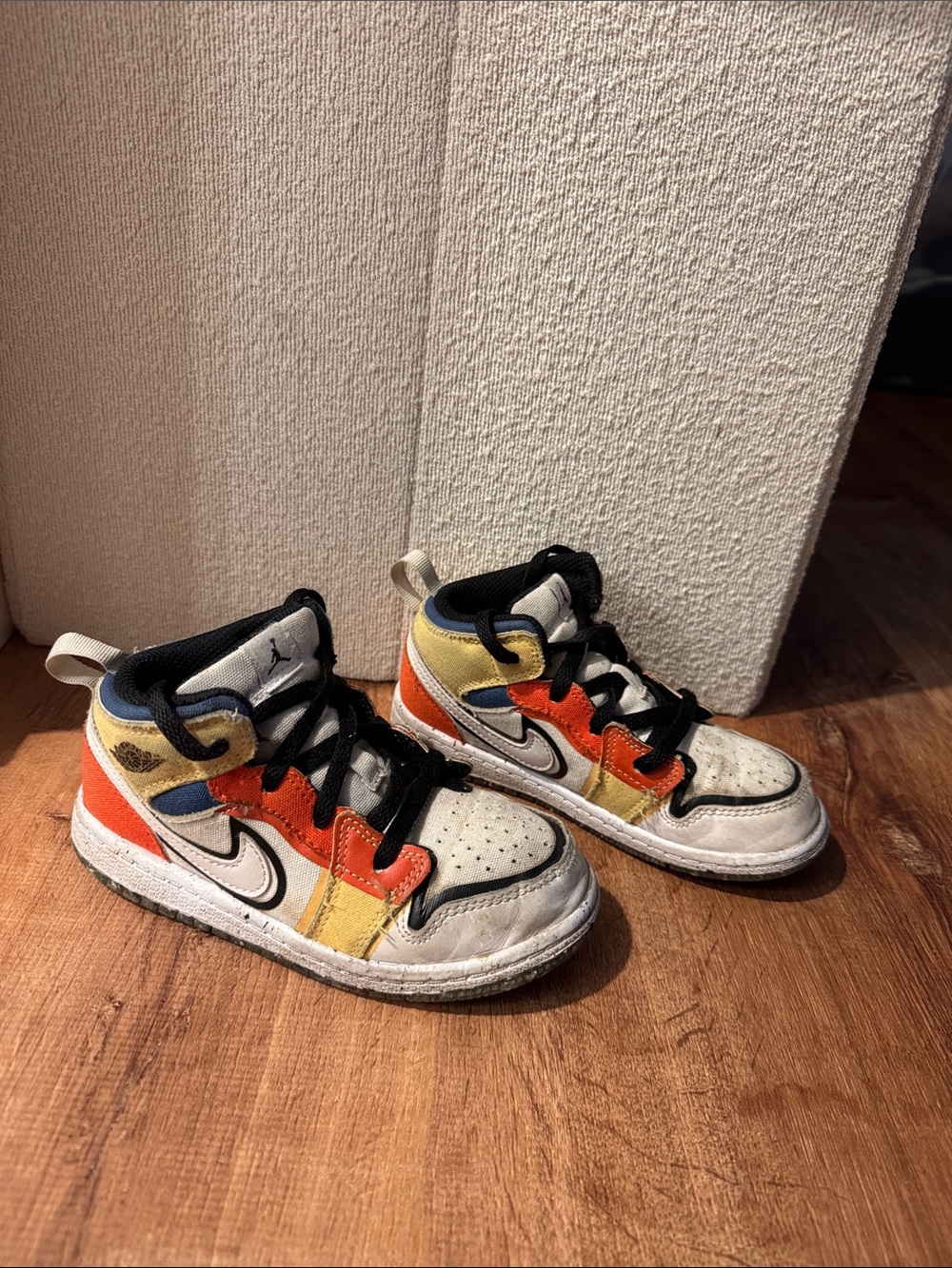 Nike Air Jordan Kids White Orange Yellow Blue High-Top Sneakers with Black Laces